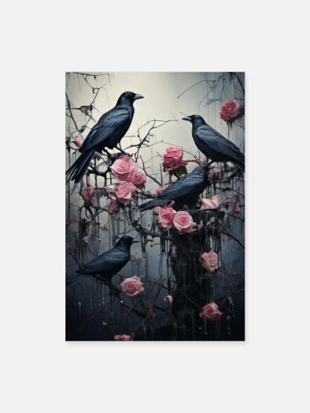 Raben im Rosengarten - Poster 40x60 cm - Weiß
