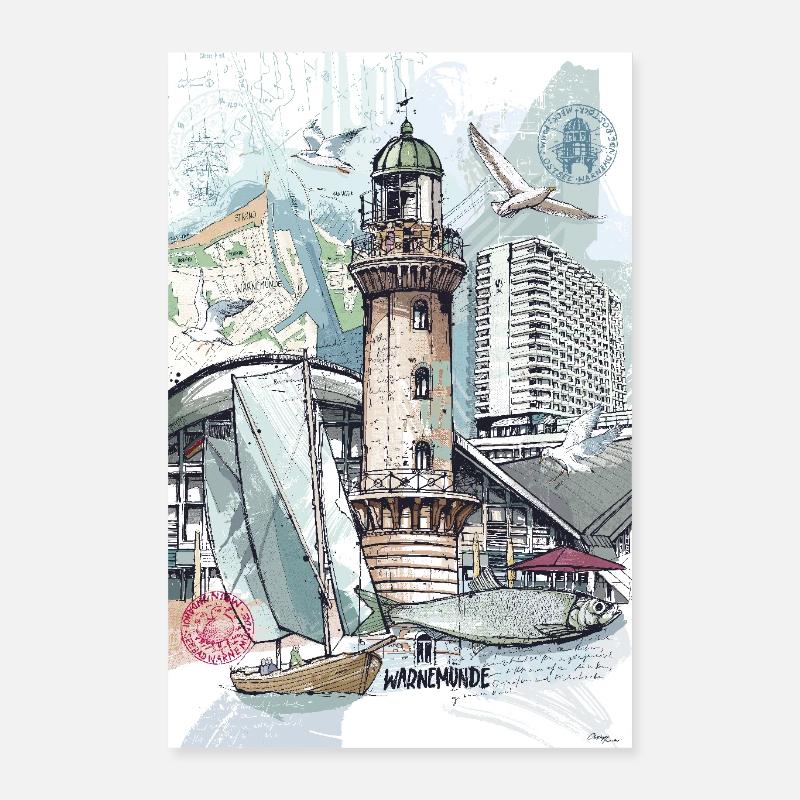 Warnemünde Collage mit Leuchtturm - Poster 40x60 cm - Weiß
