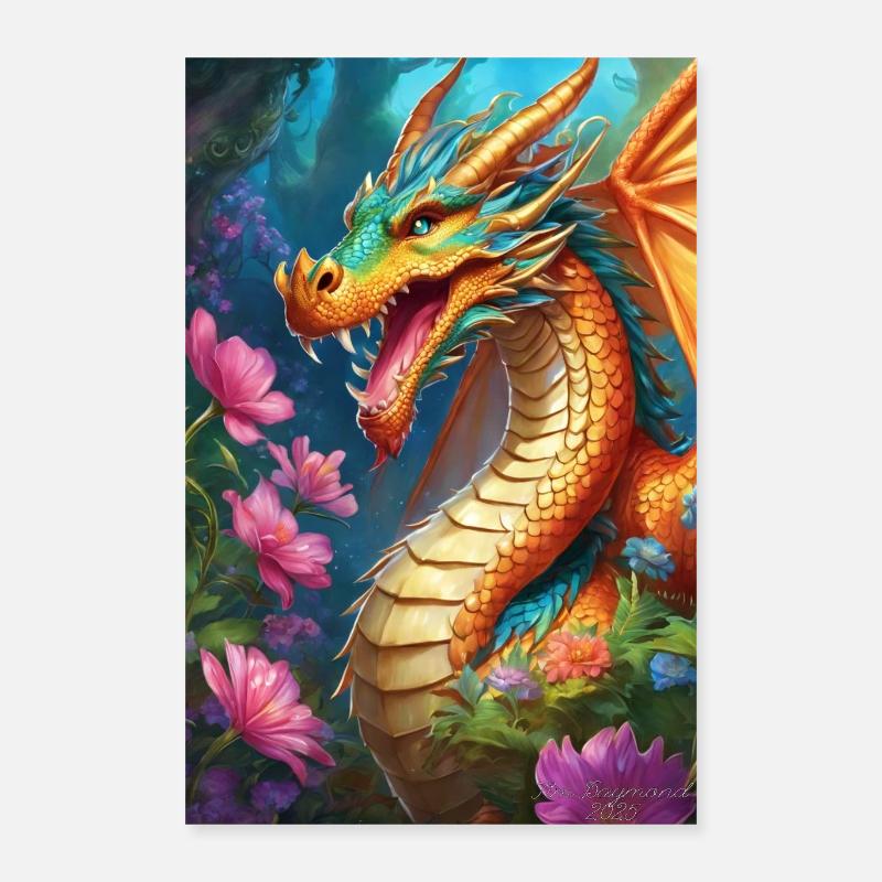 Dragon de Braises dans la Forêt en Fleurs Poster 40 x 60 cm