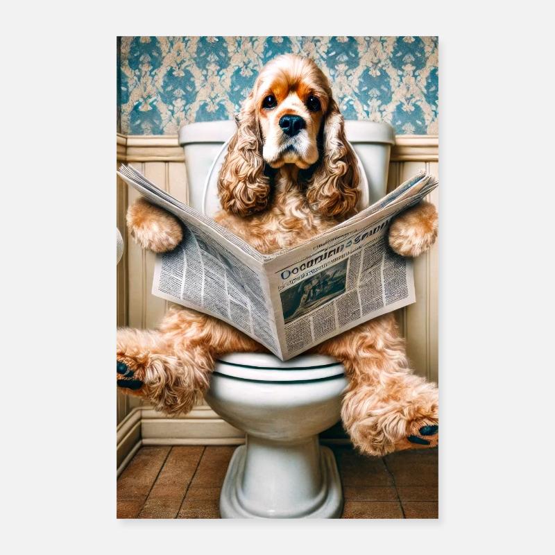 Cocker Spaniel Poster for Bathroom Dog on Loo - Poster 16" x 24" (40x60 cm) - white