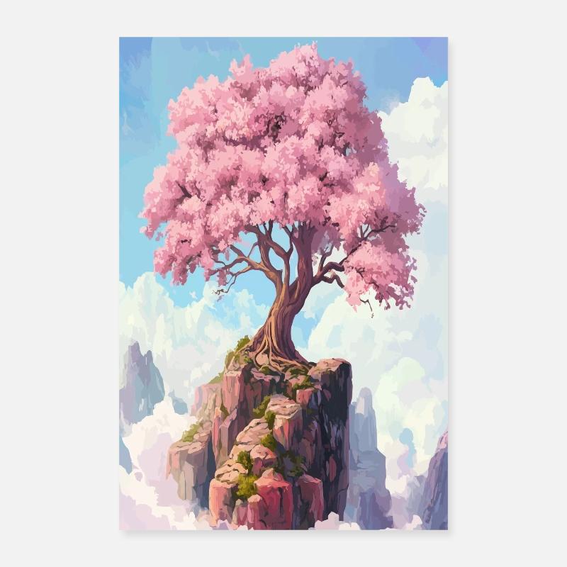Kirschblütenbaum auf Klippe – Traumhafte Kunst Poster 40x60 cm