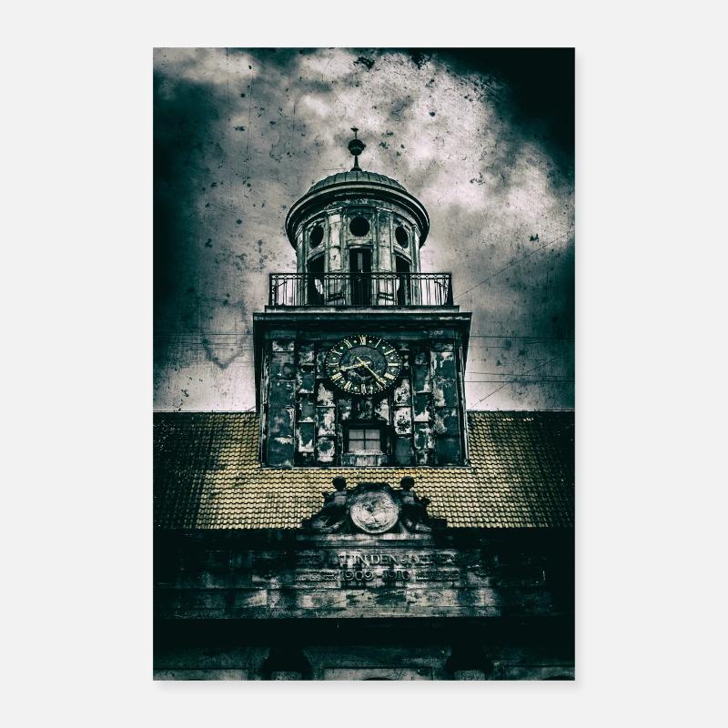 Foggy Tower Clock Night Scenery Poster 16" x 24" (40x60 cm)