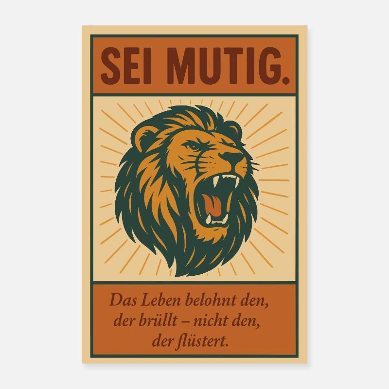 Retro Löwe – Sei mutig Motiv für Selbstbewusstsein - Poster 40x60 cm - Weiß