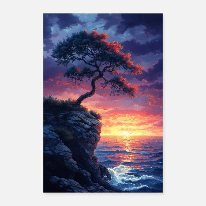 Lonely Tree Cliff Sunset Sea Poster 16" x 24" (40x60 cm)