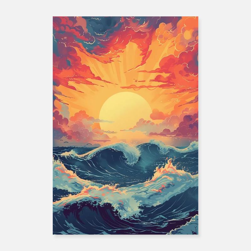 Waves Sunset Artwork Poster 16" x 24" (40x60 cm)