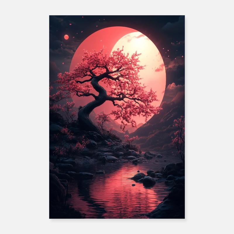 Cherry Blossom Tree Moonlight Nightscape Water Poster 16" x 24" (40x60 cm)