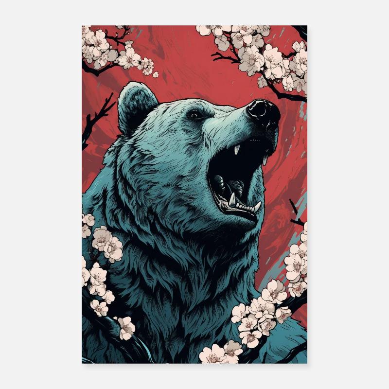 Grizzly Bear Hissing Wilderness Blossoms Tree Branches Poster 16" x 24" (40x60 cm)
