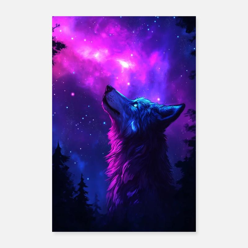 Wolf Night Sky Galaxy Mystical Glowing Poster 16" x 24" (40x60 cm)