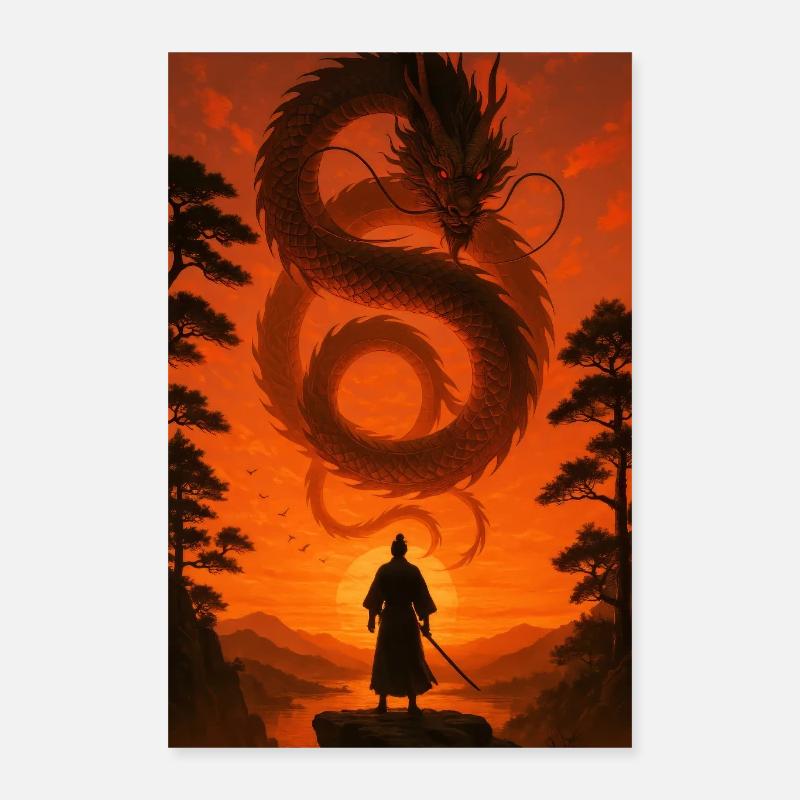 Drachen Samurai Kriegsmotiv Fantasy Kampf Poster 40x60 cm
