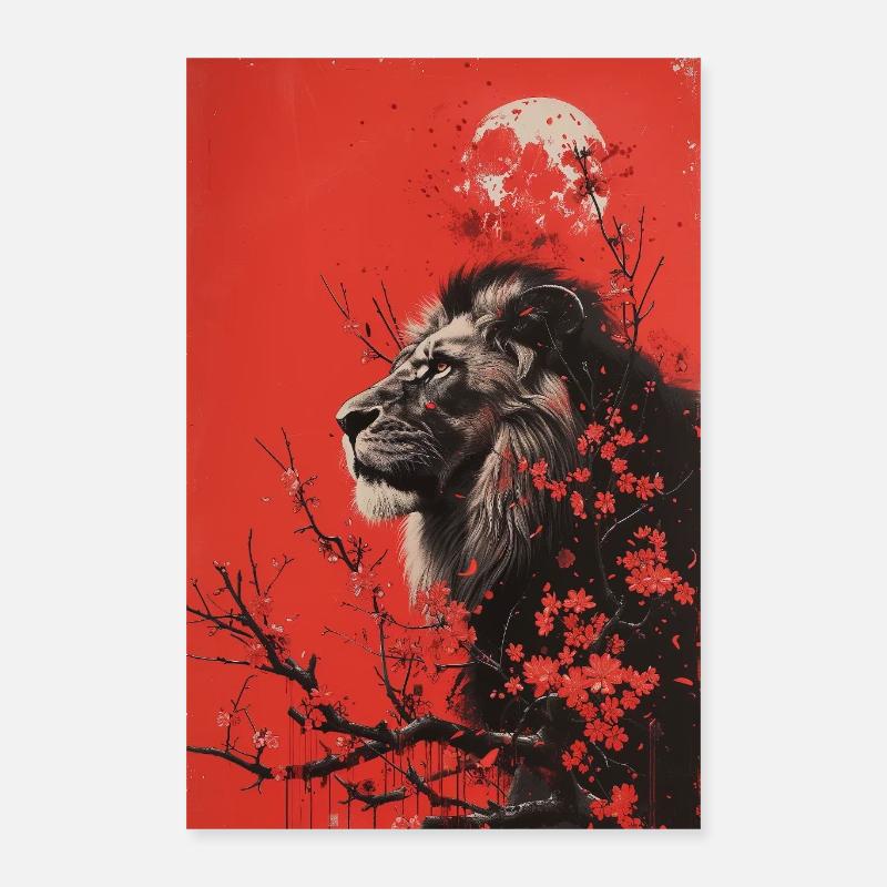 Leo Red Moon Asian Branches Art Poster 16" x 24" (40x60 cm)