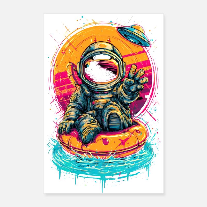 Floating Astronaut with Donut Ring – Neon Space Su Poster 16" x 24" (40x60 cm)