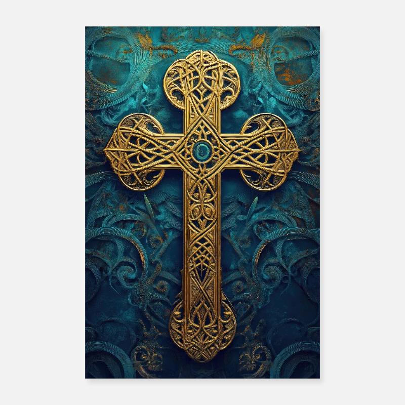 Croix celtique dorée ornée Poster 40 x 60 cm