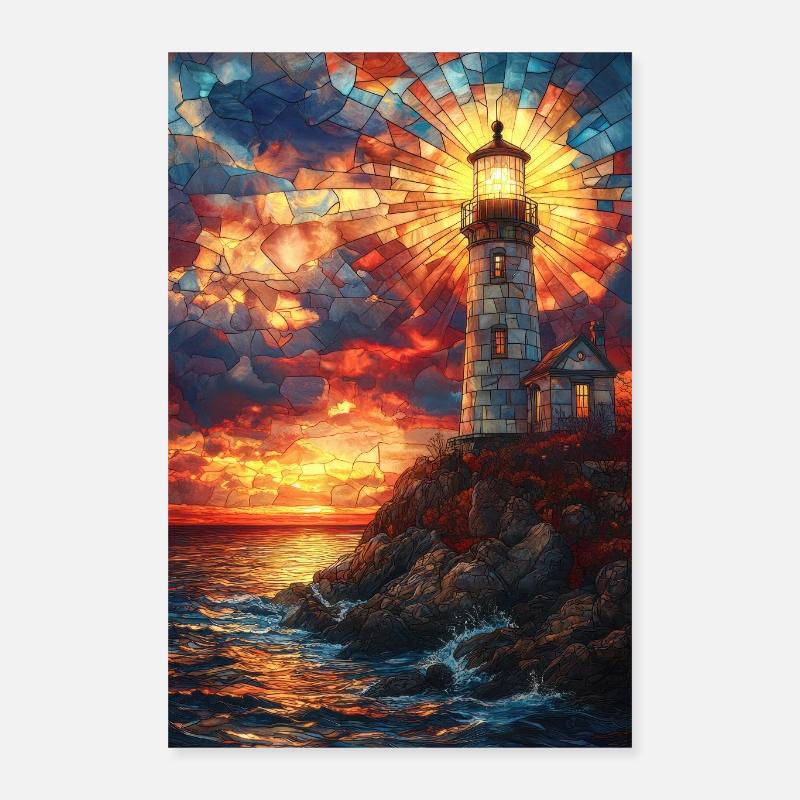 Vitrail phare coucher de soleil Poster 40 x 60 cm