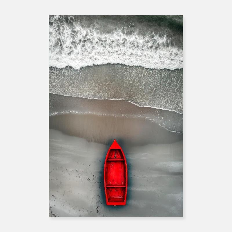 Rotes Boot am Grauen Ufer Poster 40x60 cm