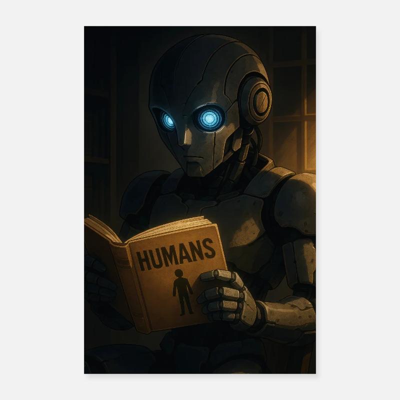 Curious Robot Reading About Humans Poster 16" x 24" (40x60 cm)