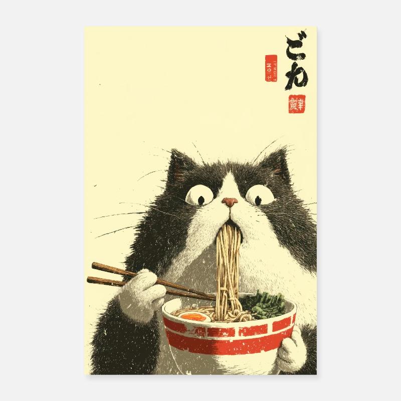 Chat surpris mangeant des ramen Poster 40 x 60 cm
