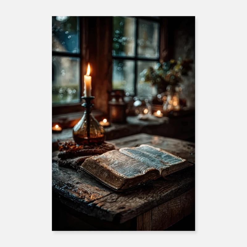 Candlelit Old Book Scene Poster 16" x 24" (40x60 cm)