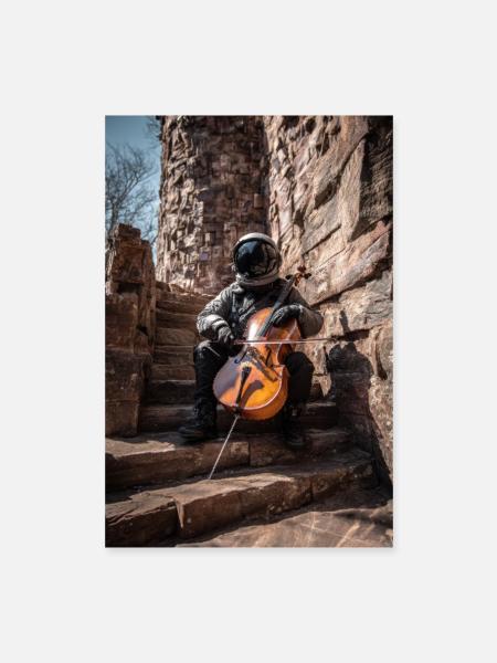 Astronaut Playing Cello on Stone Steps - Poster 16" x 24" (40x60 cm) - white - Front