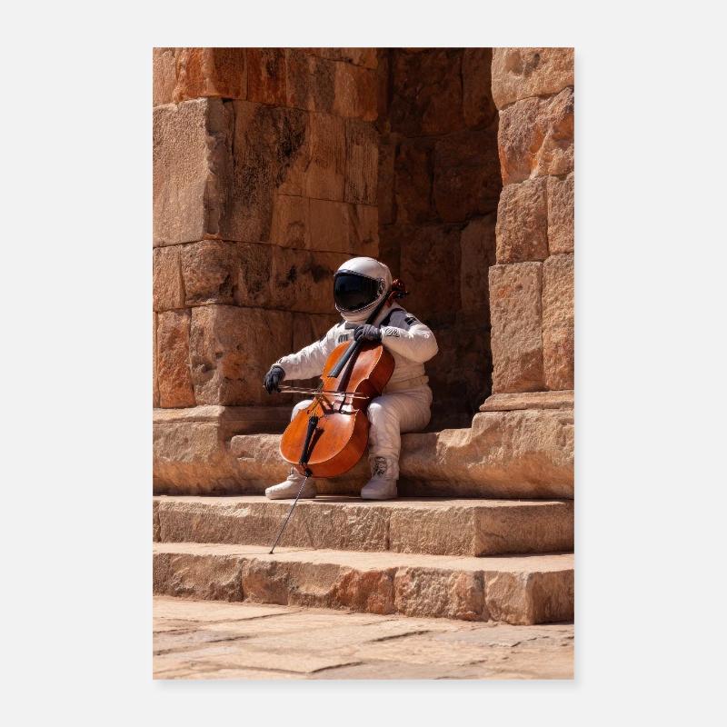 Un astronaute jouant du violoncelle dans des ruines antiques Poster 40 x 60 cm