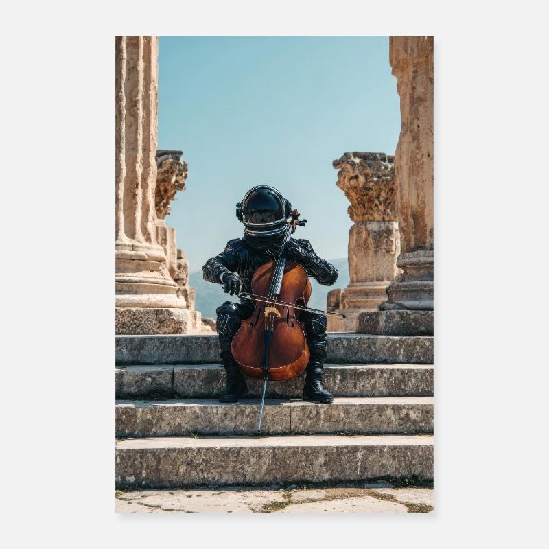 Un astronaute cosmique joue du violoncelle au milieu des ruines Poster 40 x 60 cm