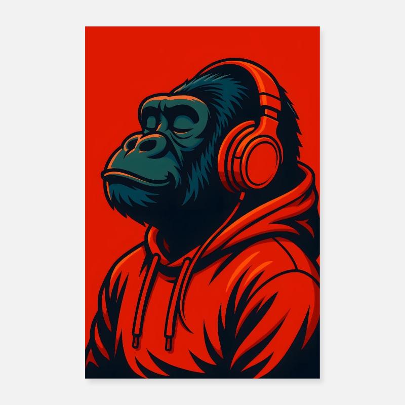 Gorilla im Kapuzenpullover mit Kopfhörern Poster 40x60 cm
