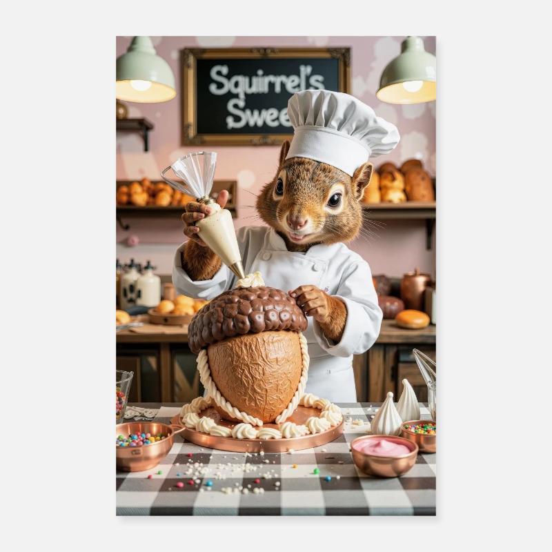 Chef écureuil humanoïde avec gâteau au chocolat Poster 40 x 60 cm