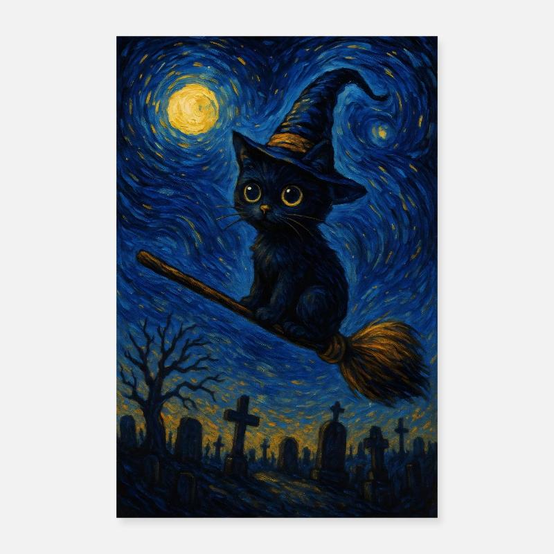 Halloween Chat mignon Nuit étoilée Poster 40 x 60 cm