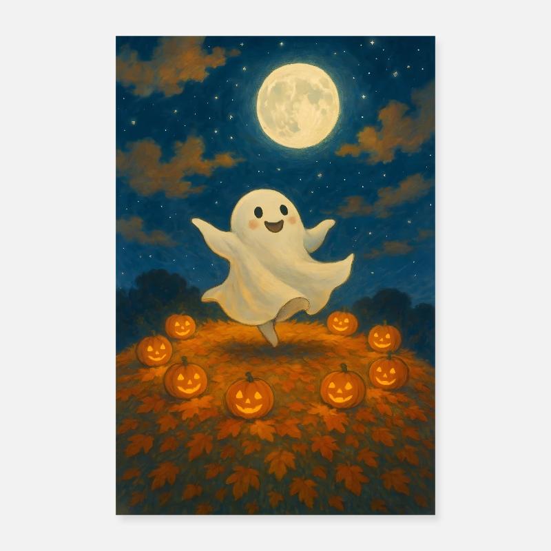 Fantôme au clair de lune parmi les citrouilles Poster 40 x 60 cm
