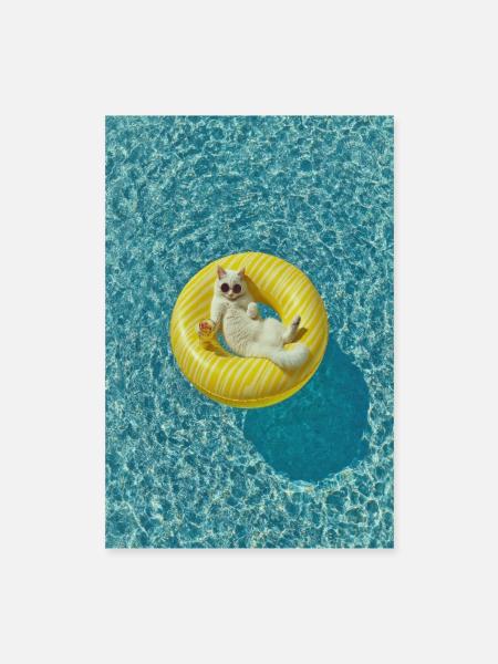 Chat ensoleillé sur flotteur de piscine jaune - Poster 40 x 60 cm - blanc - Devant