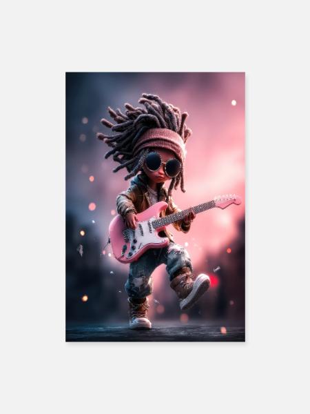 Poupée de pierre à dreadlocks avec guitare rose - Poster 40 x 60 cm - blanc - Devant