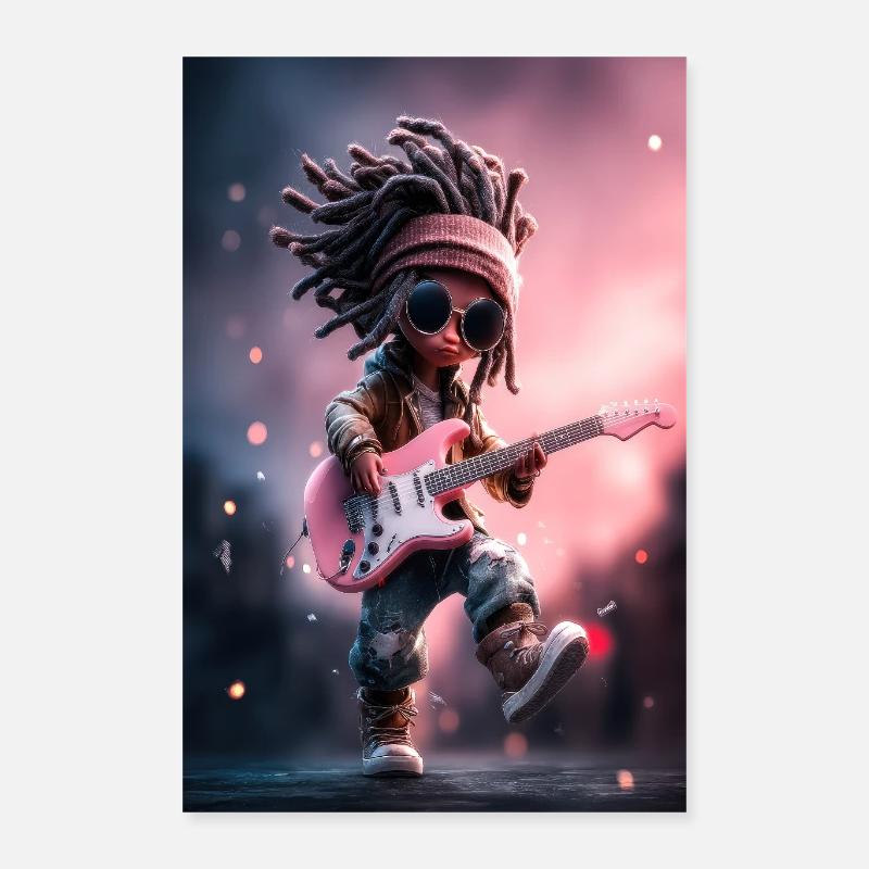 Poupée de pierre à dreadlocks avec guitare rose Poster 40 x 60 cm