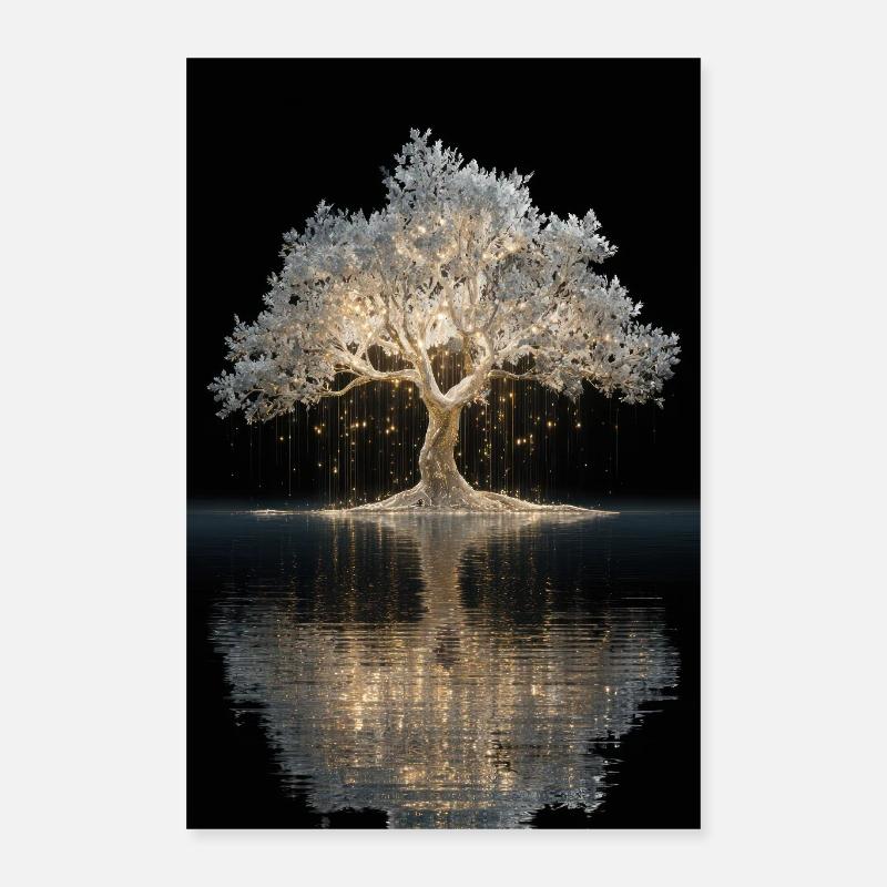 Arbre doré lumineux près de l’eau Poster 40 x 60 cm