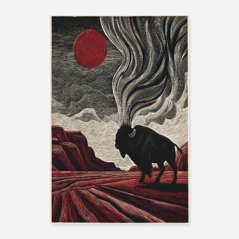 Bison unter purpurroter Sonne in geätzter Landschaft Poster 40x60 cm