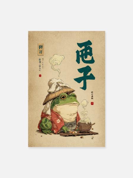 Samouraï grenouille en robe de soie avec du thé - Poster 40 x 60 cm - blanc - Devant