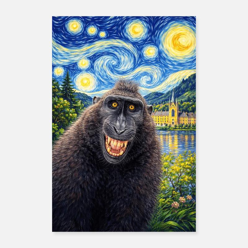 Macaque Starry Night Poster 16" x 24" (40x60 cm)