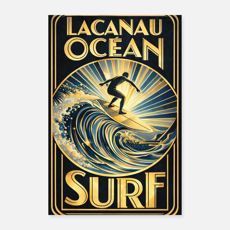 Art Déco Surf Lacanau Océan – Surfeur doré vintage Poster 40 x 60 cm