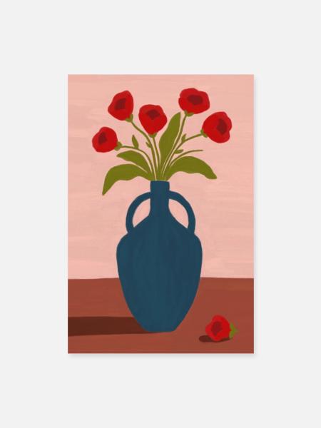 Red Poppies in Blue Vase - Poster 40x60 cm - Weiß