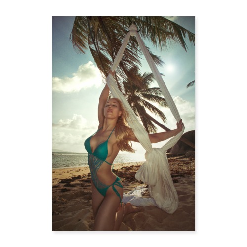 Girl at abandon beach in paradise with white silks - Poster 40x60 cm