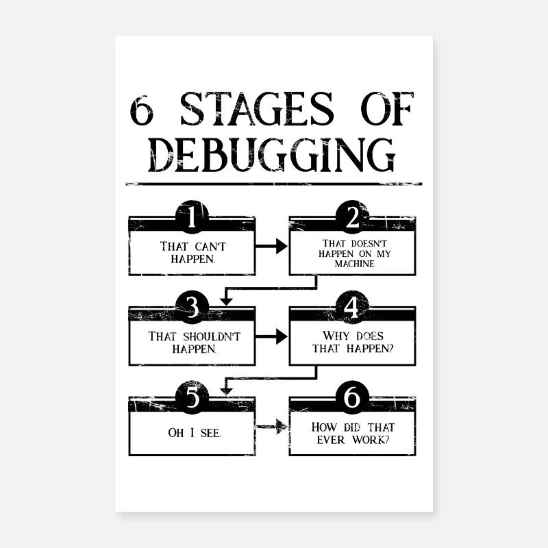 6 Stages Of Debugging Poster 16" x 24" (40x60 cm)