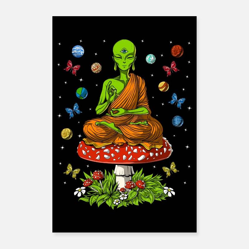 Pilz Alien Buddha - Poster 40x60 cm - Weiß