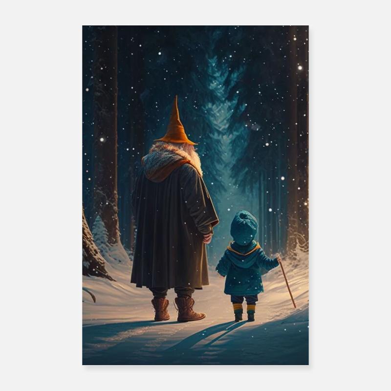 Kind mit Zauberer im Verschneiten Wald Phone Case Poster 40x60 cm