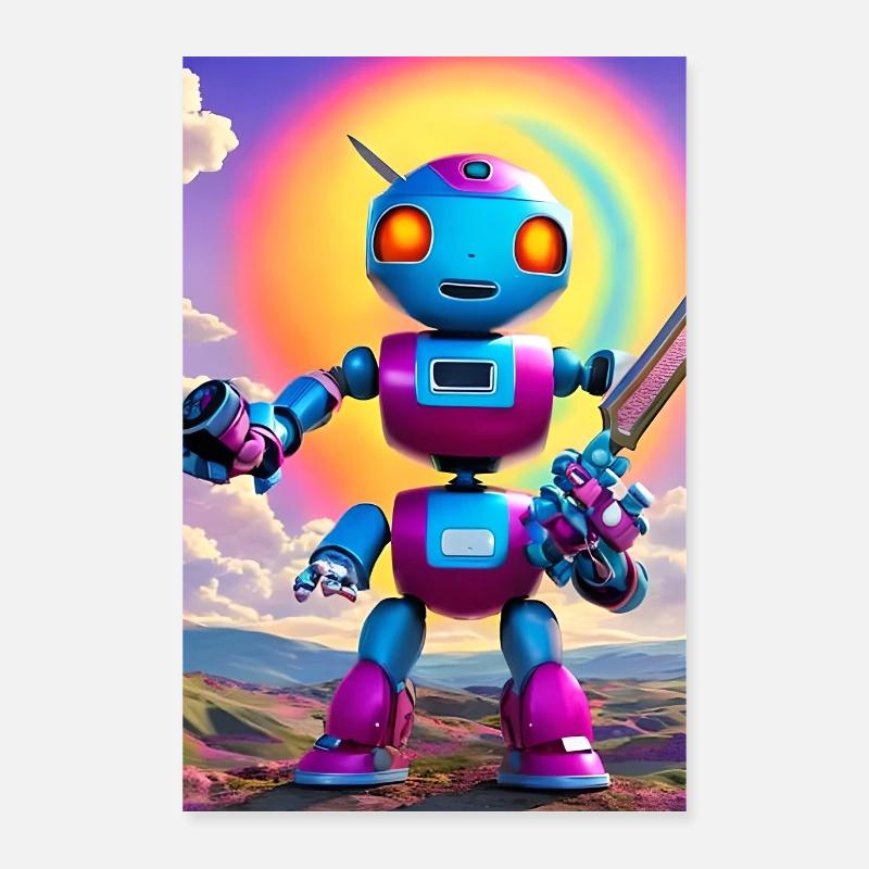Robot de science-fiction mignon avec des yeux arc-en-ciel Poster 40 x 60 cm