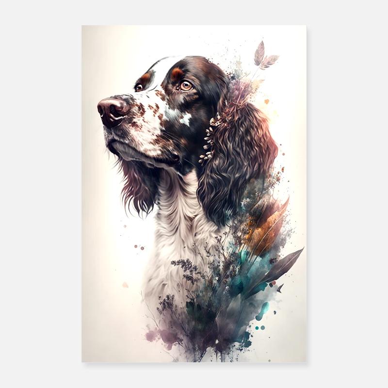Portrait de chien avec des fleurs à l’aquarelle, épagneul Poster 40 x 60 cm