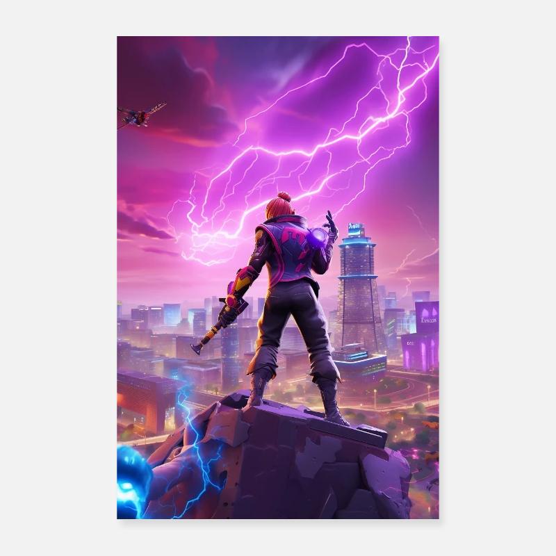 Superheld mit Blitzen vor einer Stadt Poster 40x60 cm