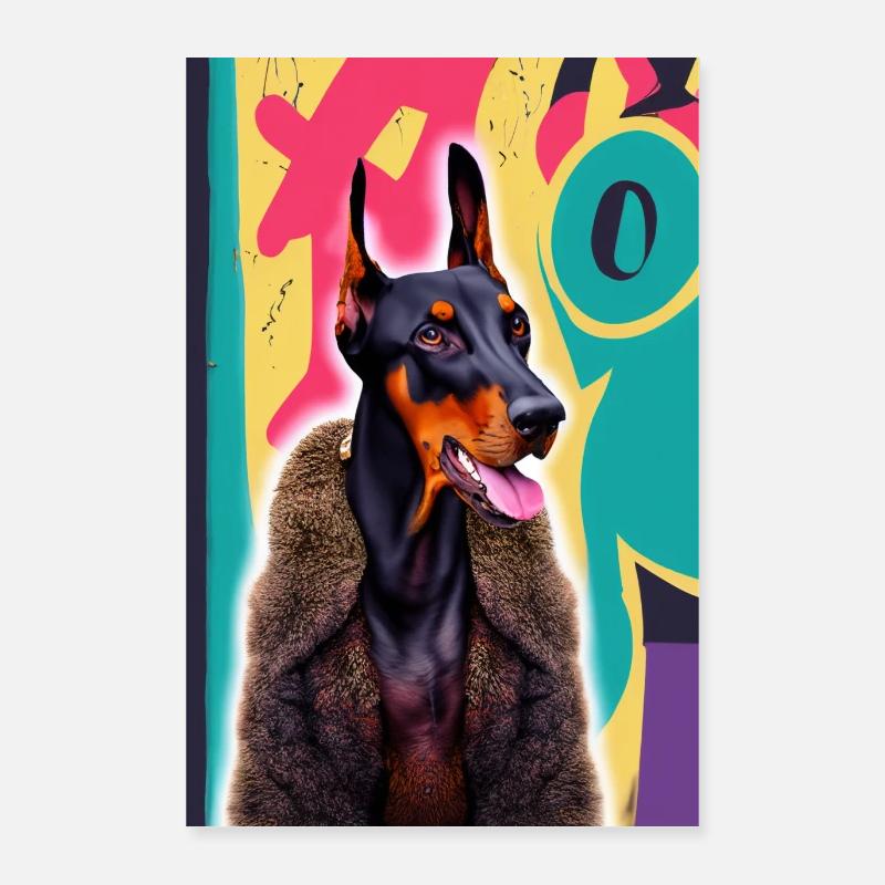 Doberman bossy en manteau de fourrure devant des graffitis Poster 40 x 60 cm