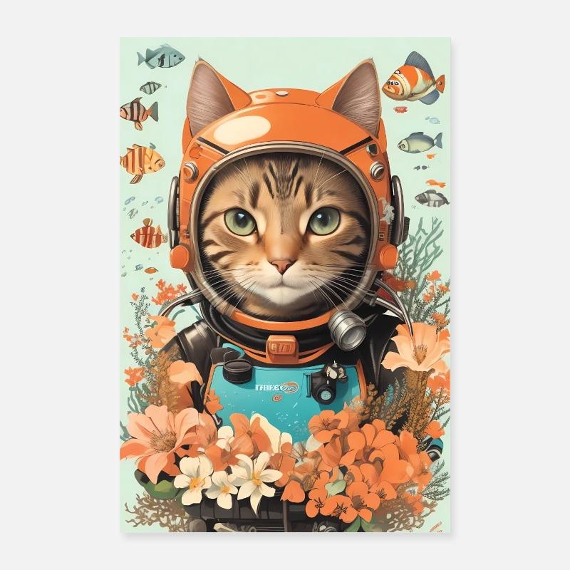 Plongeur, Chat, Chaton, Océan Poster 40 x 60 cm