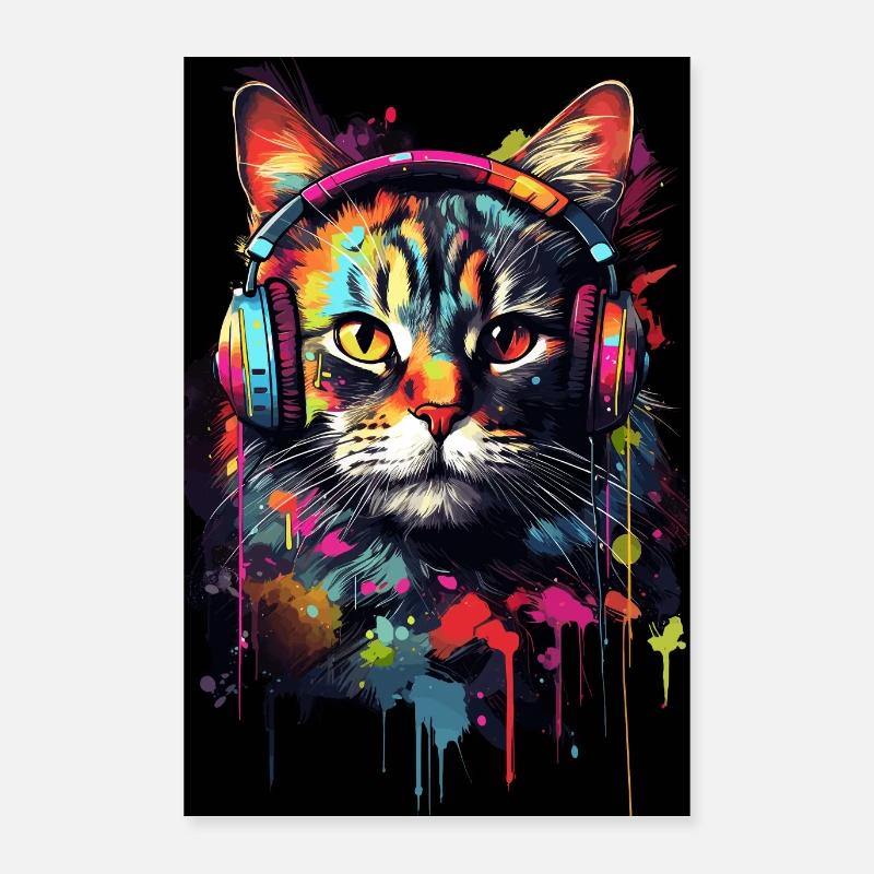 Farbenfrohe Katze mit Kopfhörer Musik Poster 40x60 cm