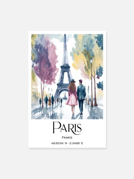 Couple walking in Paris at the Eiffel Tower - Poster 16" x 24" (40x60 cm) - white - Front