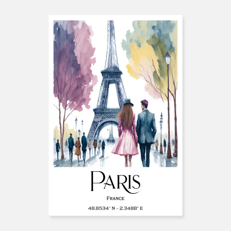 Couple walking in Paris at the Eiffel Tower Poster 16" x 24" (40x60 cm)