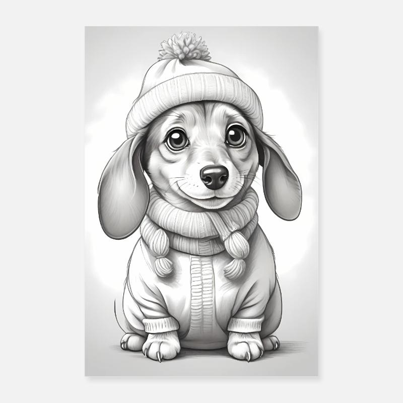Chiot teckel mignon avec écharpe et chapeau Poster 40 x 60 cm